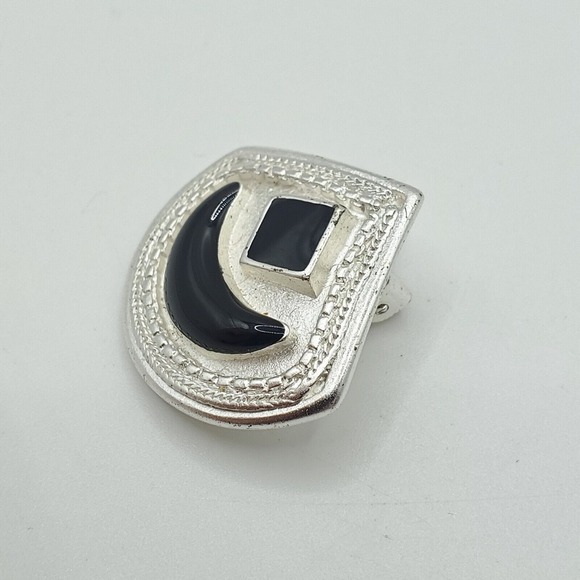 Vintage Vendome Clip On Earrings Silver Tone Black Enamel Fashion Jewelry - Picture 3 of 7